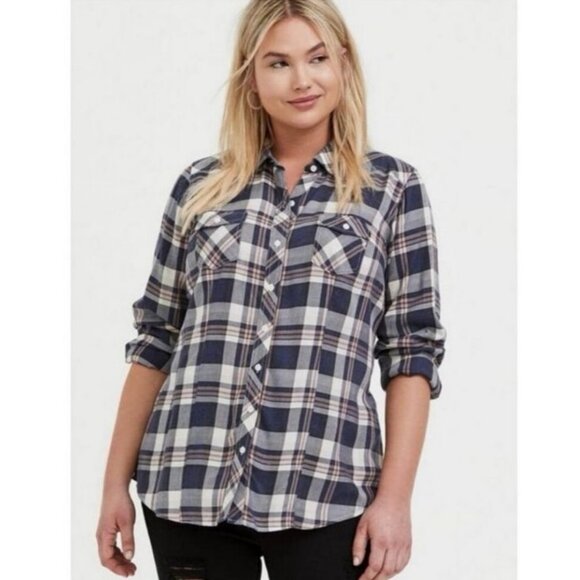 Torrid Navy Blue Pink Plaid Button Front Shirt Rayon Long Sleeve Size 1X EUC - Picture 1 of 7